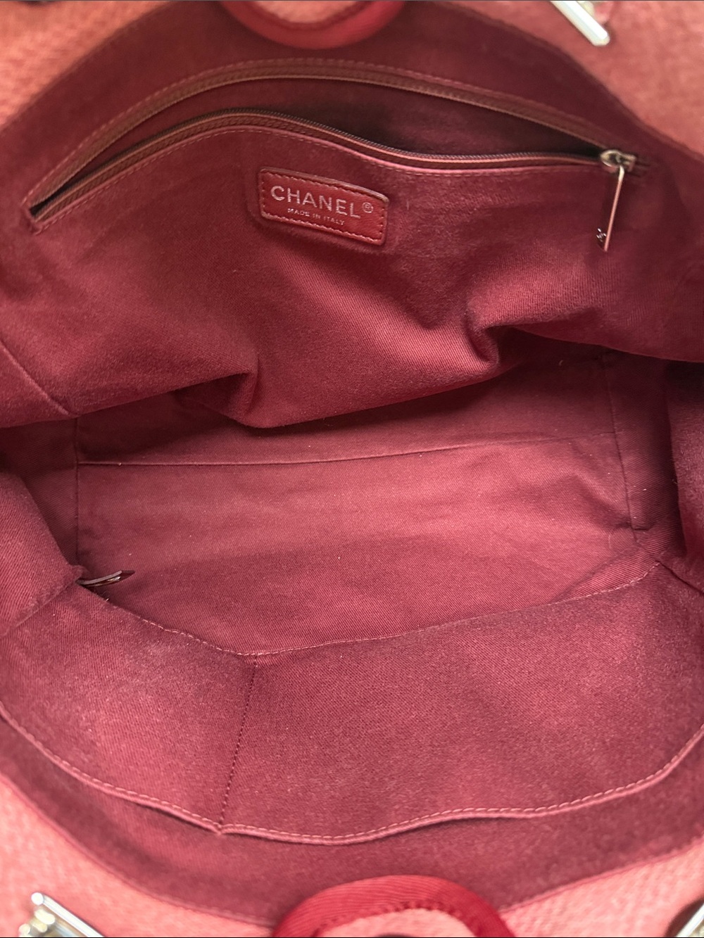 CHANEL Pink Canvas Tote with Burgundy Trim and Chain Handles - Picture 10 of 15
